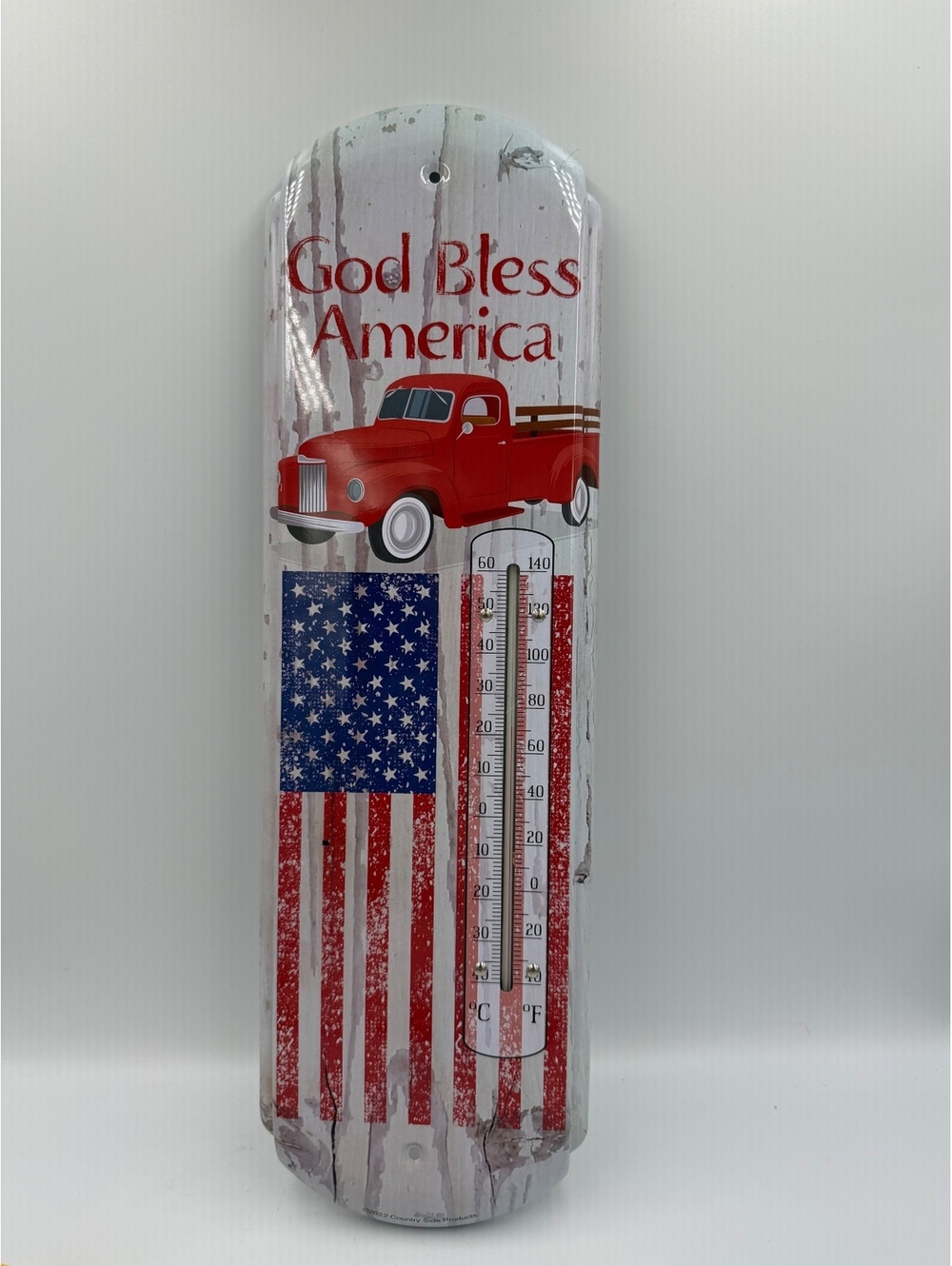 God Bless America Vintage Thermometer Wall Sign with Red Truck & Flag